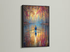 Enhance your home decor with this Rowing Canvas Print in a black frame. The bold black frame accentuates the artwork's vibrant colors. This autumn wall art makes a statement in any space. The tranquil scene brings a sense of calm to your home. A perfect addition for art lovers.