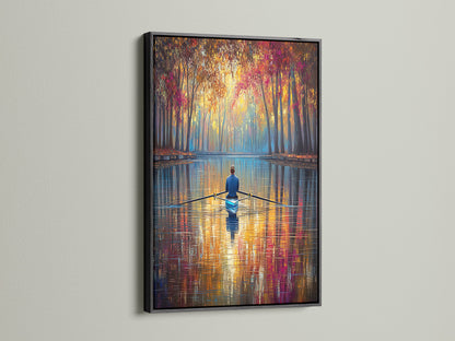 Enhance your home decor with this Rowing Canvas Print in a black frame. The bold black frame accentuates the artwork's vibrant colors. This autumn wall art makes a statement in any space. The tranquil scene brings a sense of calm to your home. A perfect addition for art lovers.