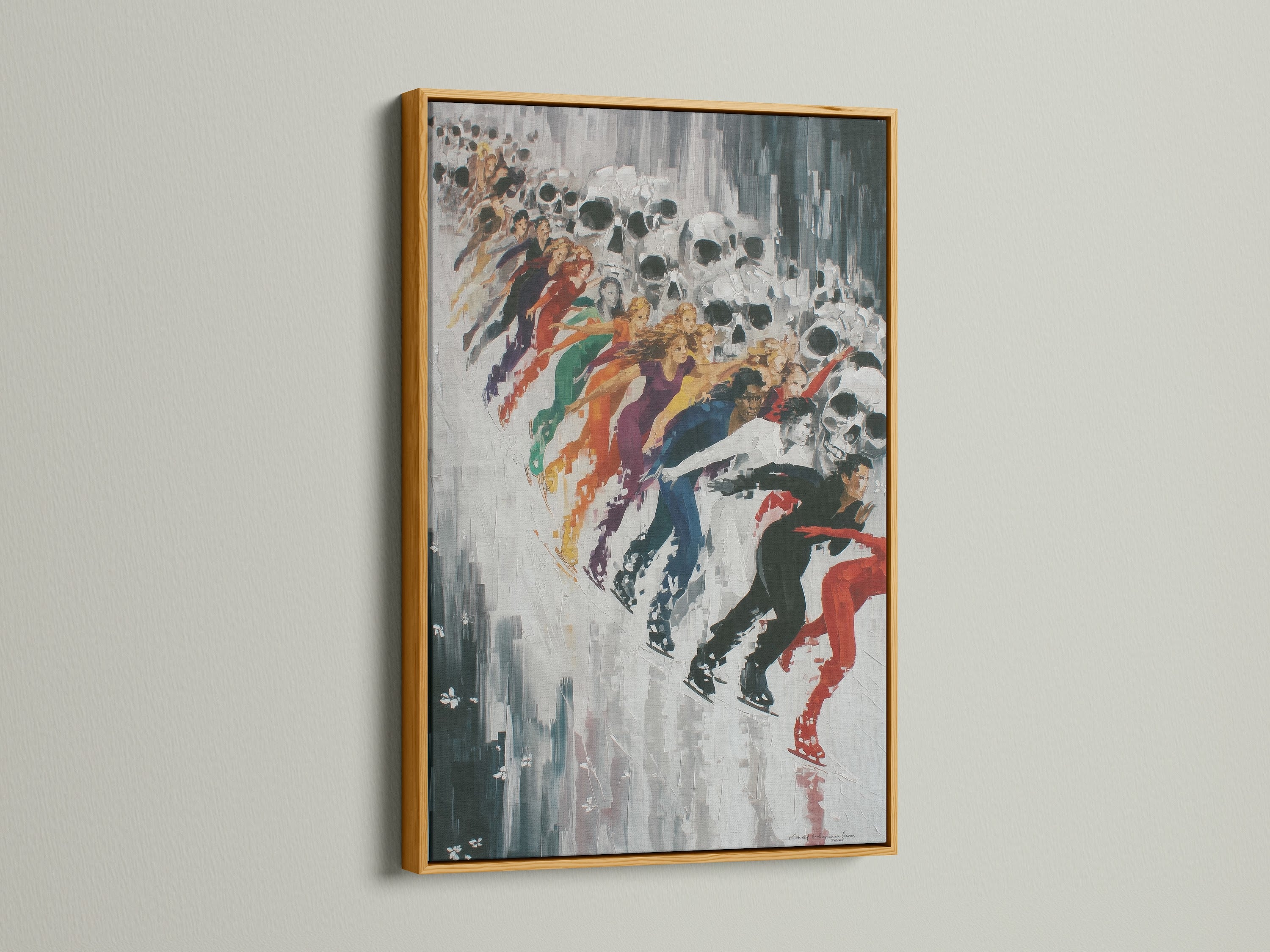 Abstract Skull Art Print with a gold frame. The gold frame adds a touch of elegance to the abstract canvas art. This contemporary art piece is perfect for modern wall art. It enhances any room's decor.