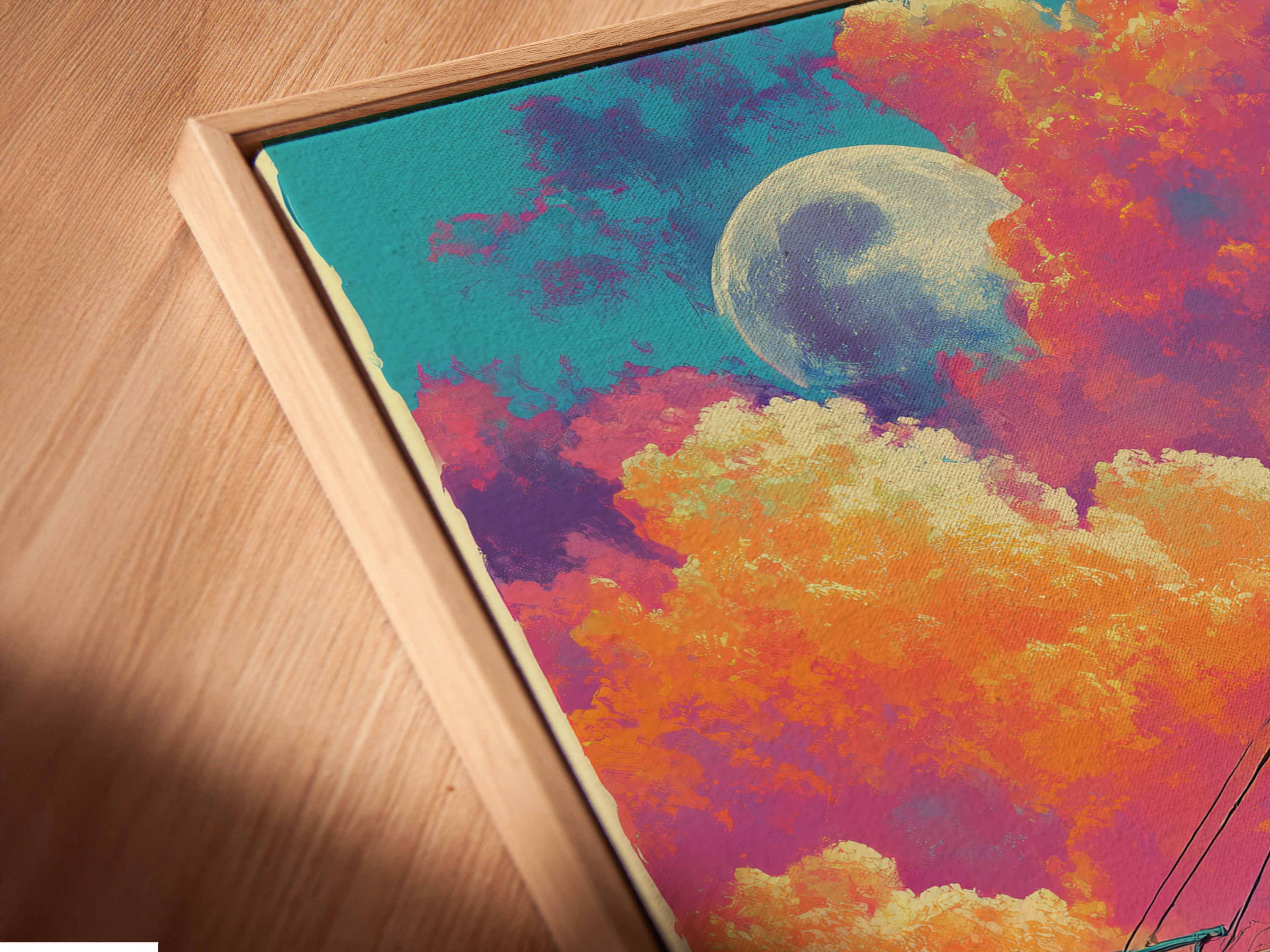 A close-up angled view of a retro cable car canvas print. It features a floating frame. This vintage ski lift wall art adds a unique touch. The mountain railway artwork enhances your space. This stylish piece complements any decor.