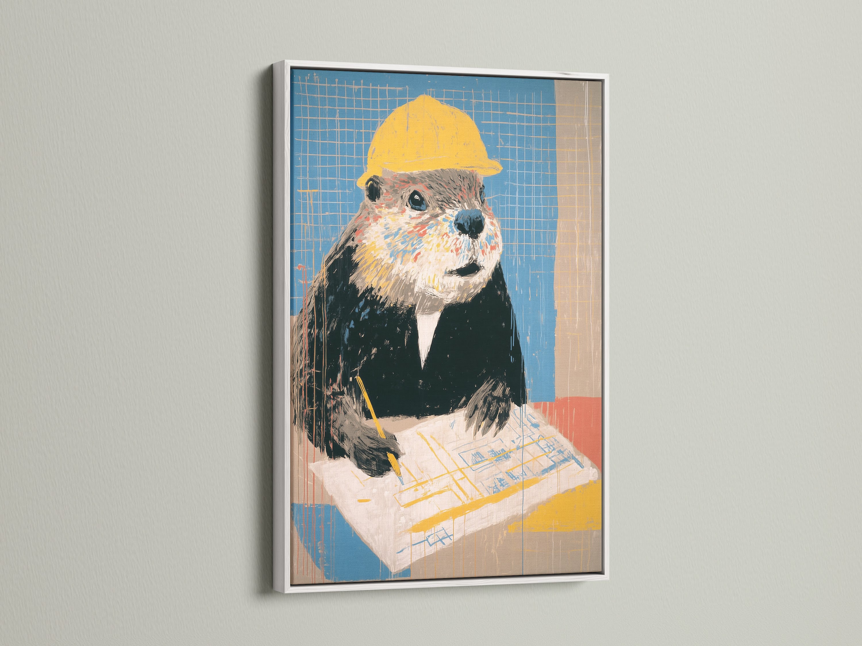 Beaver art print in a white frame. The canvas showcases a funny animal worker. This office decor is a great contractor gift. The quirky wall art adds a touch of humor. The contemporary style features yellow and blue.