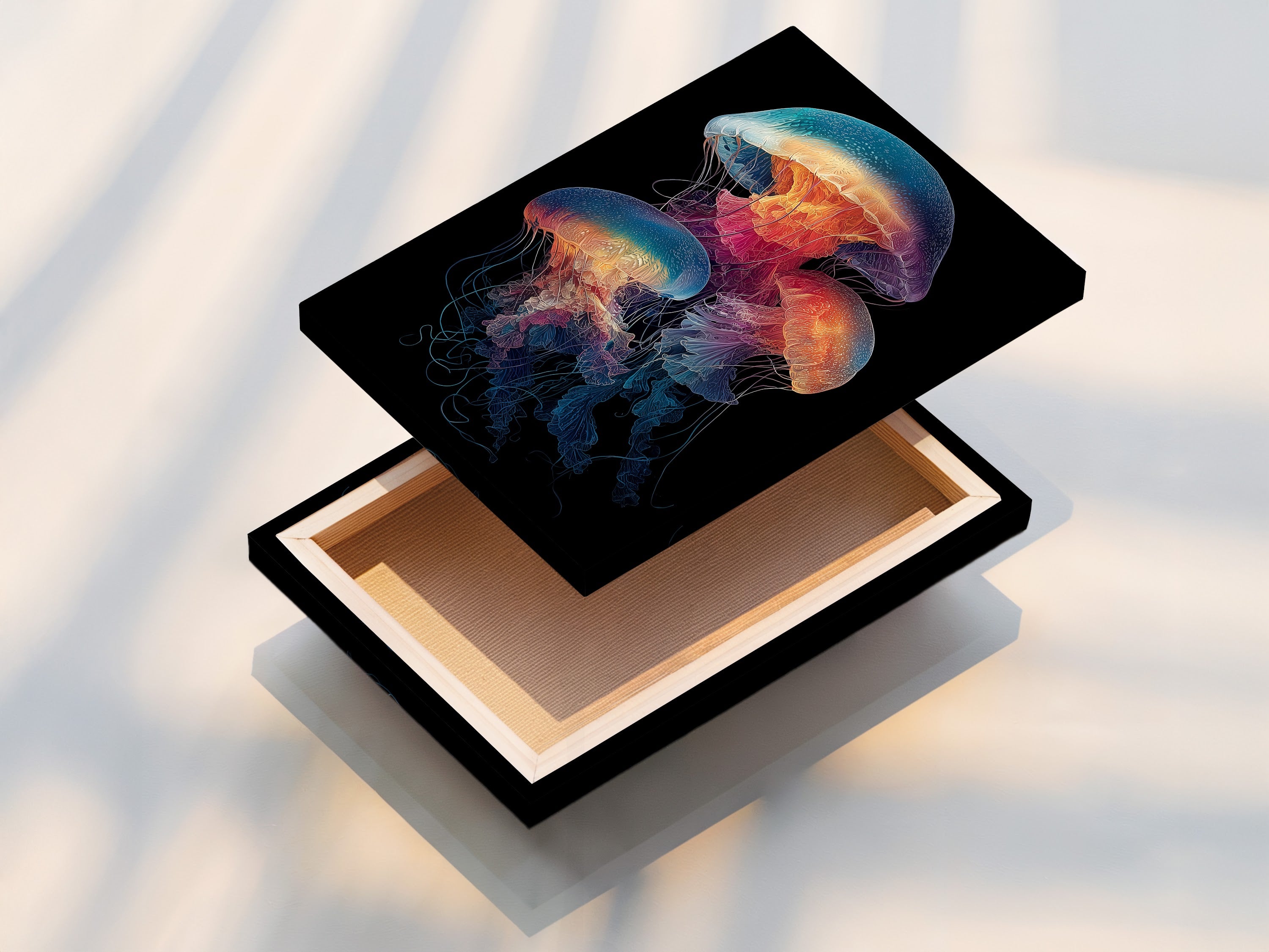 A stretched canvas print featuring the vibrant jellyfish art. Ready to hang this colorful ocean wall art enhances any space. The marine life print is perfect for bathroom decor living room wall decor and office wall art. The sea creature art brings a touch of the ocean to your walls.