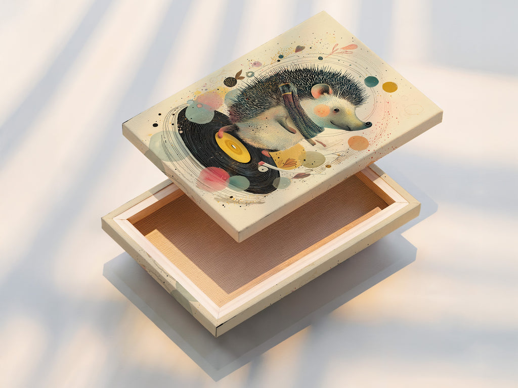 A stretched canvas print displays vibrant artwork. It showcases a hedgehog DJing on a record player. The stretched canvas provides a gallery-ready look. See our stretched canvas print options. Bring your artwork to life with canvas.