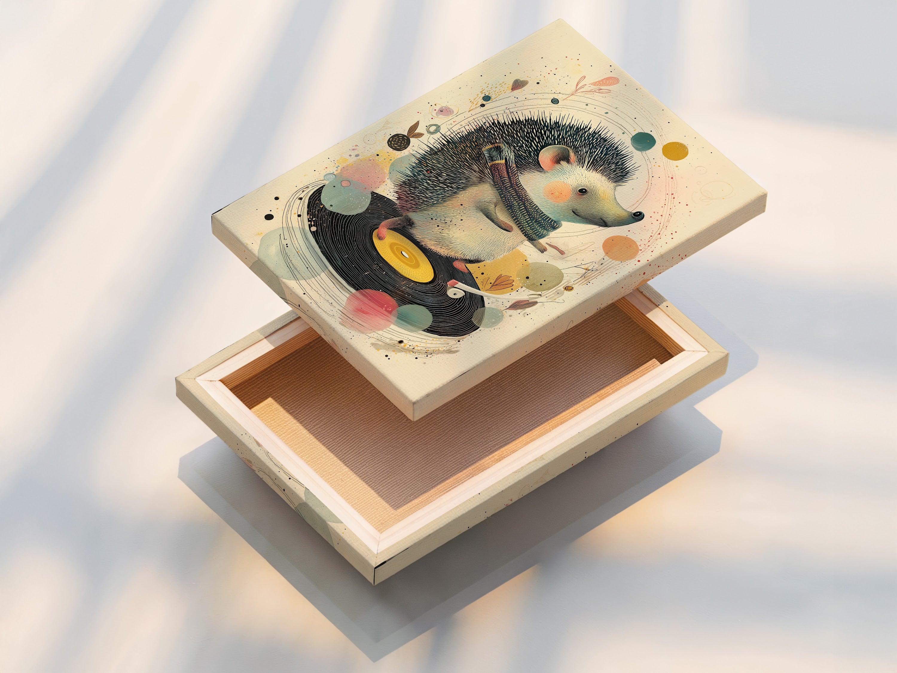 A stretched canvas print displays vibrant artwork. It showcases a hedgehog DJing on a record player. The stretched canvas provides a gallery-ready look. See our stretched canvas print options. Bring your artwork to life with canvas.