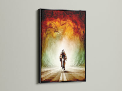 Cycling art canvas print in a sleek black frame. This abstract biker wall art adds a modern touch. Great for home gym decor or office wall art. The black frame makes the colors pop. Perfect for cyclist gifts.