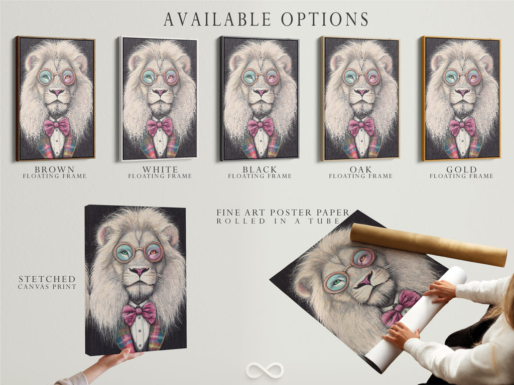 Available options are displayed. Those options include a stretched canvas print. You can also choose fine art poster paper or a floating frame. The art is the quirky Hipster Lion with glasses