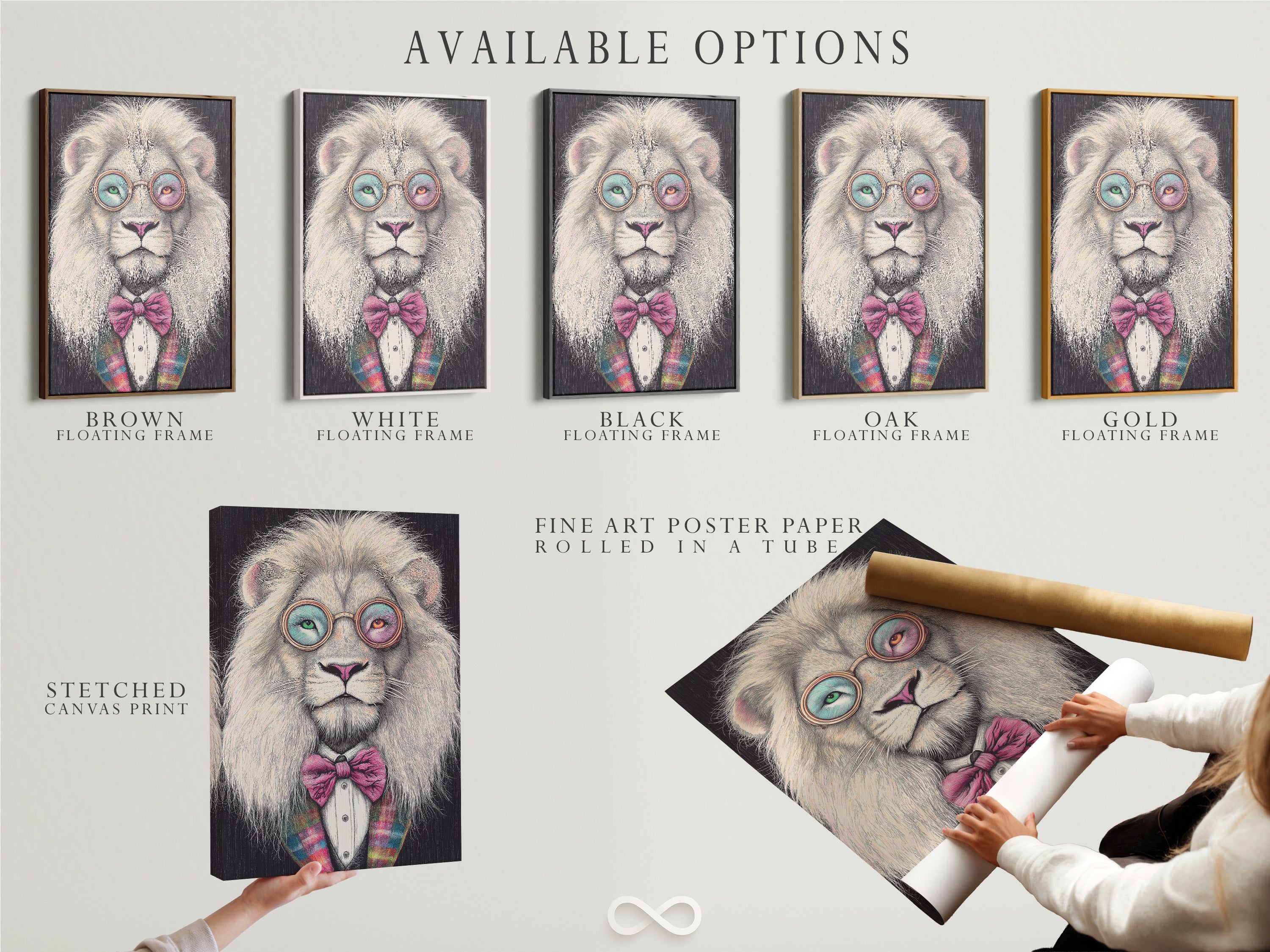 Available options are displayed. Those options include a stretched canvas print. You can also choose fine art poster paper or a floating frame. The art is the quirky Hipster Lion with glasses