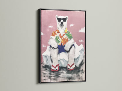 A cool polar bear artwork with a black frame. This funny animal print is a great choice for a playroom. This quirky art print adds tropical vibes. Perfect for eclectic styles and coastal decor.