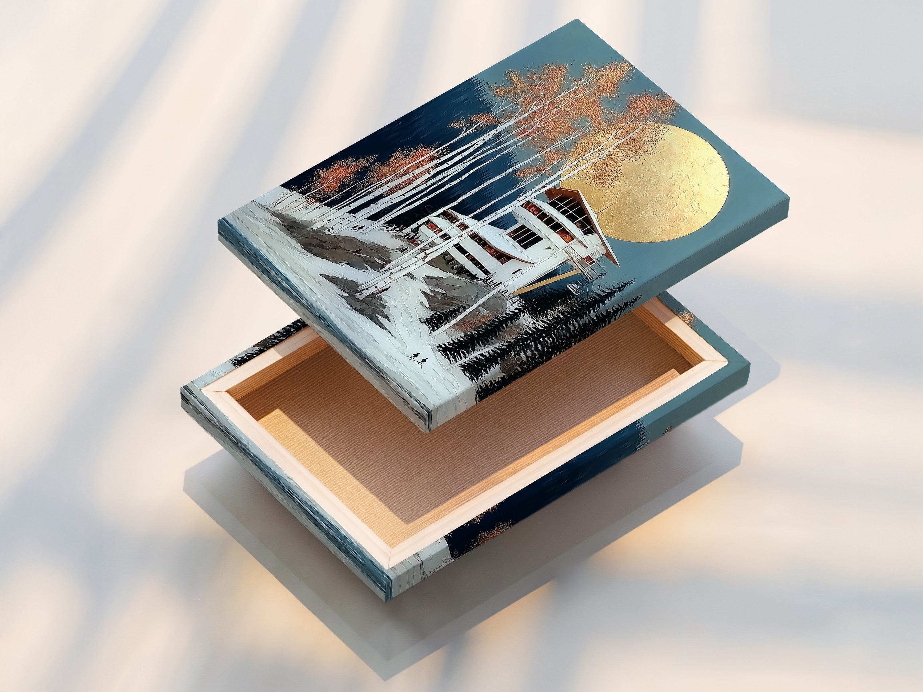 Stretched canvas print of a Winter Ski Lodge scene. The artwork beautifully depicts a snowy mountain landscape. Ready to hang and enjoy in any room. This canvas print adds warmth to your decor. Perfect for creating a cozy cabin atmosphere. A stylish wall art option.