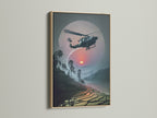 Elevate your decor with this Vietnam War Era Wall Art in an oak frame. It showcases a helicopter artwork with a sunset aviation theme. Perfect military aircraft print for man caves and offices.