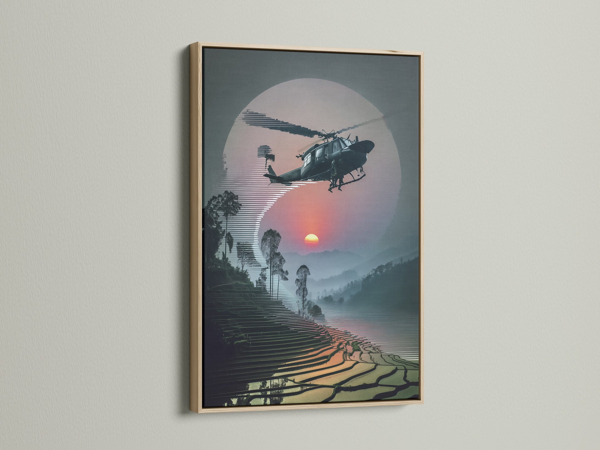 Elevate your decor with this Vietnam War Era Wall Art in an oak frame. It showcases a helicopter artwork with a sunset aviation theme. Perfect military aircraft print for man caves and offices.