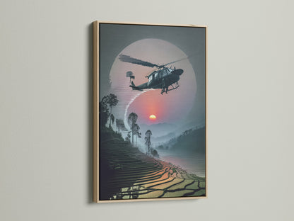 Elevate your decor with this Vietnam War Era Wall Art in an oak frame. It showcases a helicopter artwork with a sunset aviation theme. Perfect military aircraft print for man caves and offices.