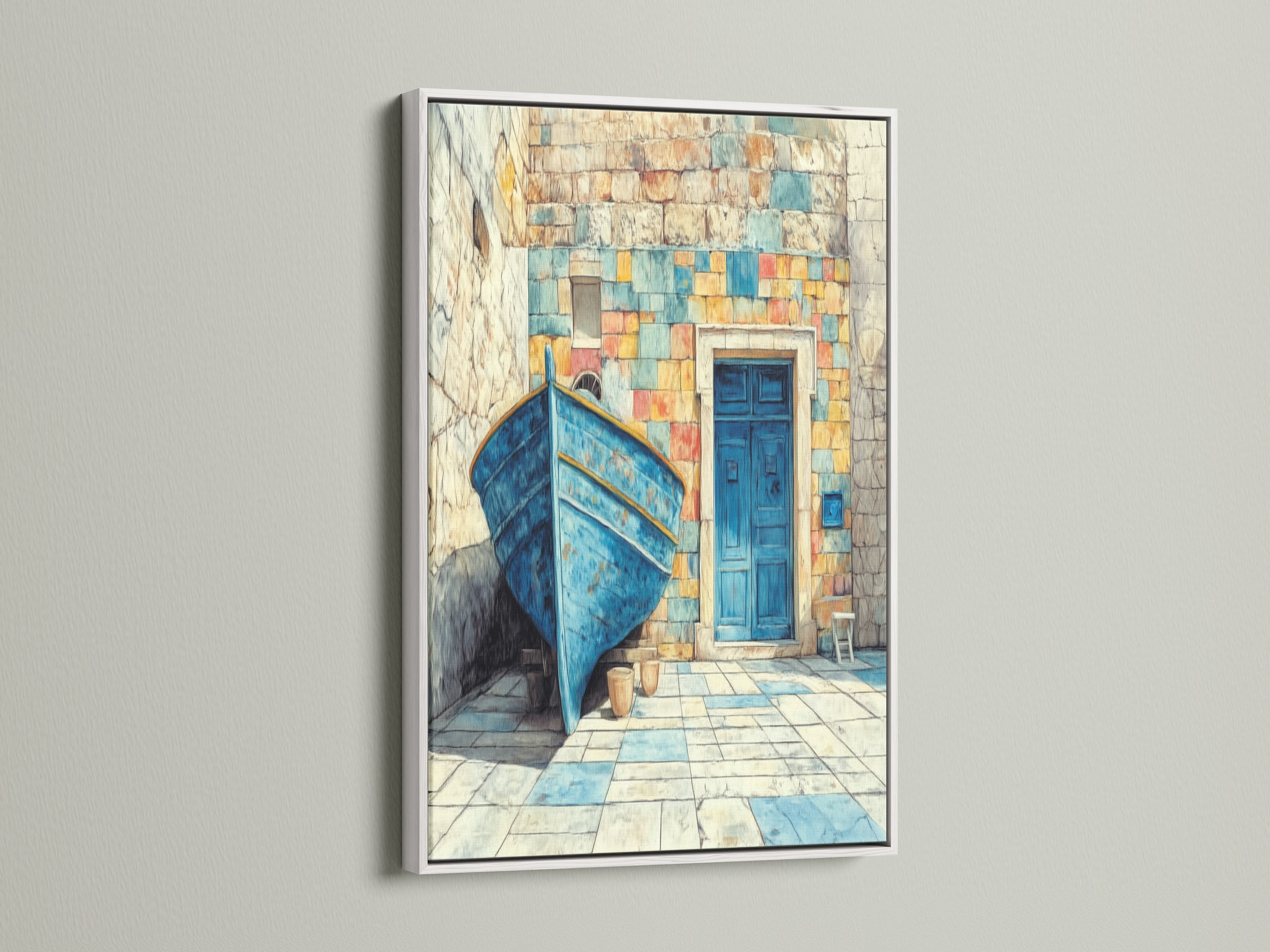 A white frame highlights this Coastal Boat Canvas Print. This Mediterranean artwork brings a turquoise blue accent to any room. Nautical decor is perfect for a vacation home. The seaside artwork evokes summer vibes.