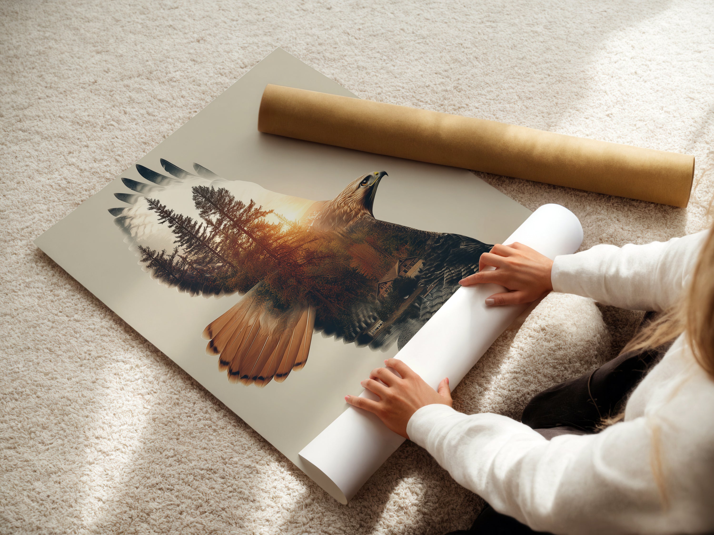 A woman is carefully rolling a fine art poster paper of the Eagle Forest artwork. This highlights the care and quality of the print. The fine art poster paper showcases the wildlife artwork beautifully. Perfect for those who appreciate detailed nature prints. A great option for wall decor.