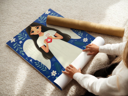 A woman is carefully rolling a fine art poster paper print of the Nurse Angel artwork. The print features a nurse with angel wings holding a heart with a medical cross. High-quality materials ensure the artwork is ready for framing and display. It is an excellent gift for healthcare heroes.
