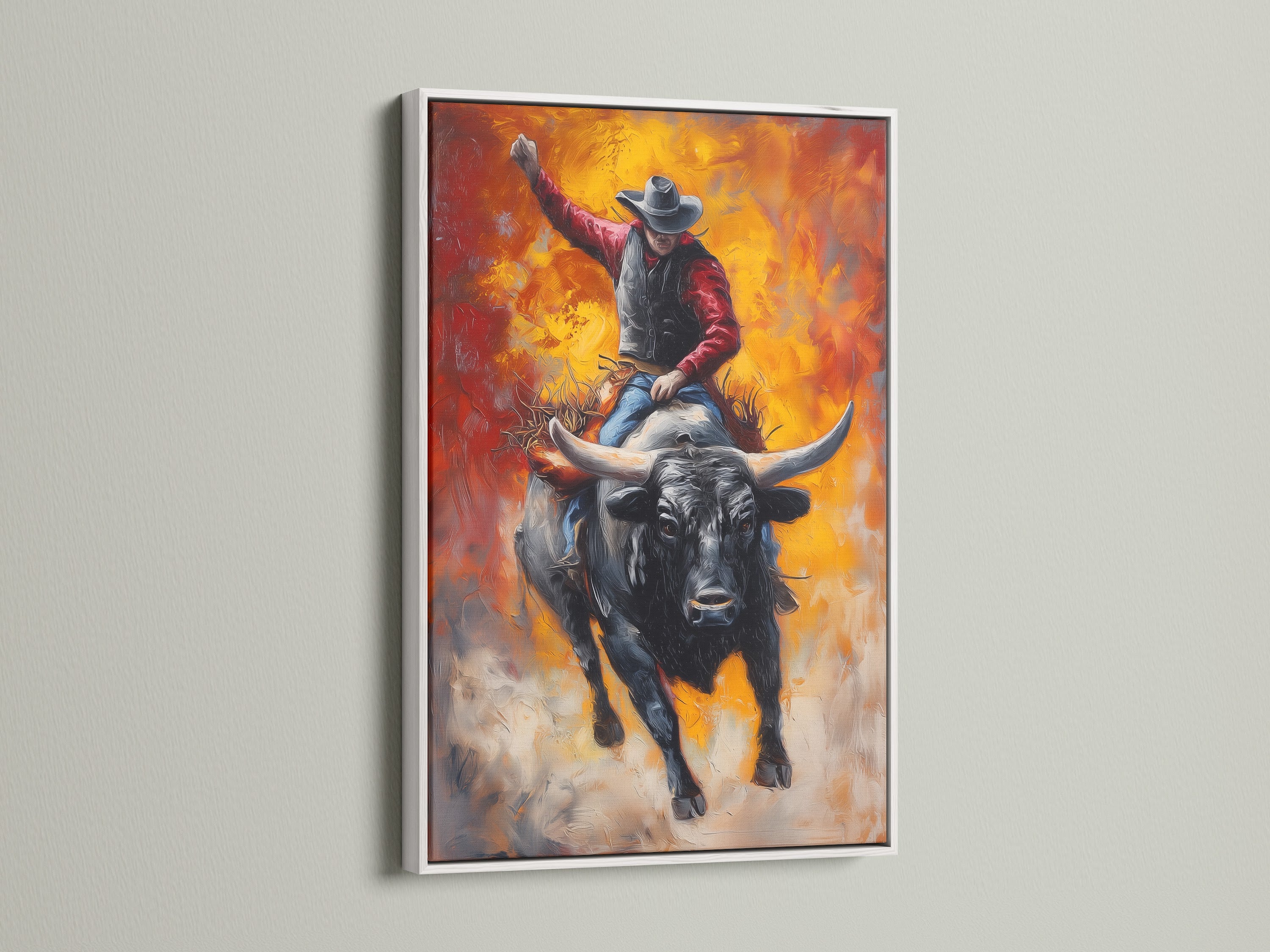 Artwork featuring a cowboy riding a bull. The artwork is displayed in a white frame. White frames provide a clean and modern look. They are versatile and complement any artwork. Enhance your artwork with our stylish white frames