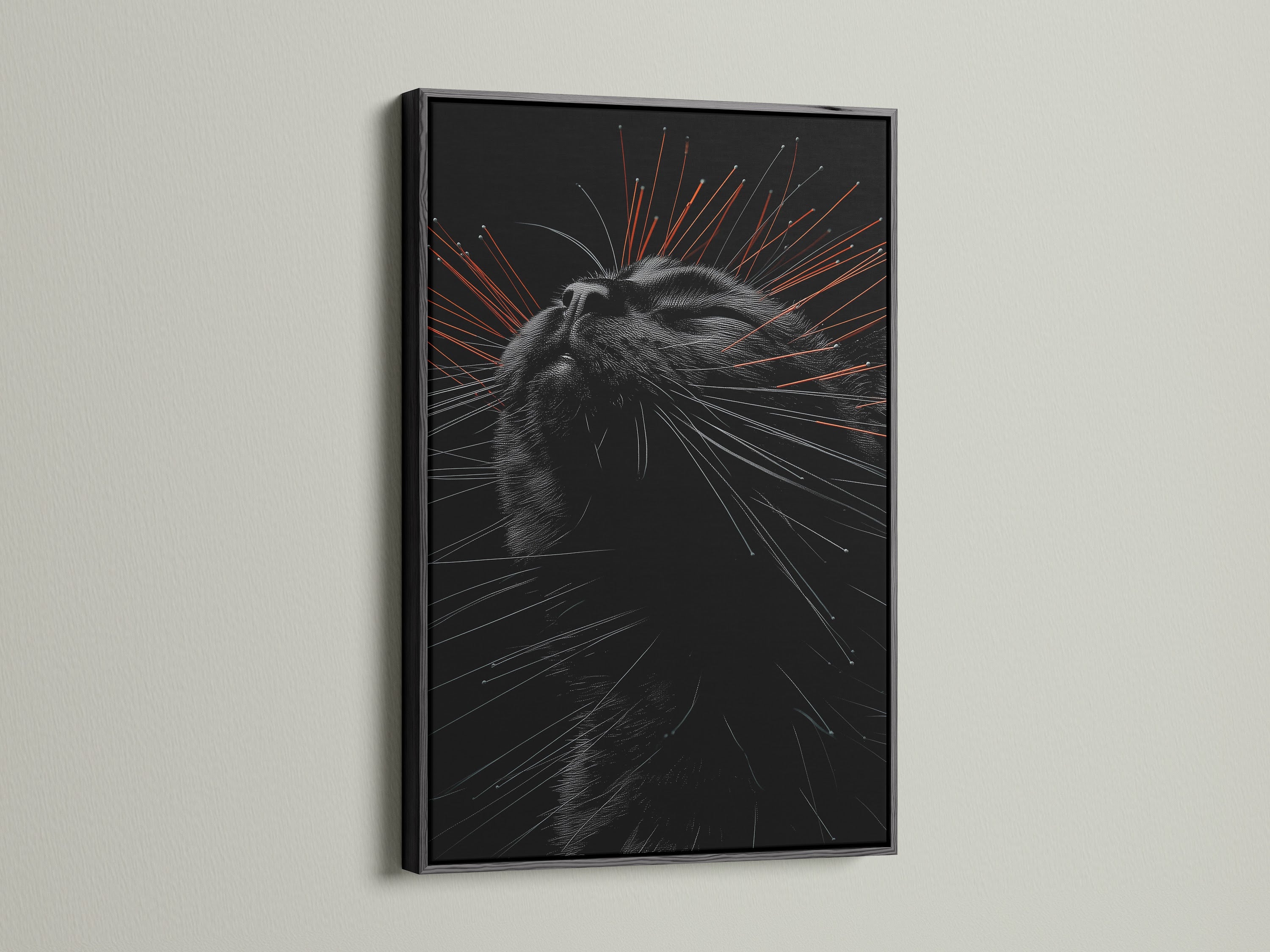 A sleek black frame highlights a striking cat portrait canvas print. This pet portrait wall art adds a touch of contemporary style. Ideal for modern pet decor and those who appreciate minimalist animal art. Perfect for any room.