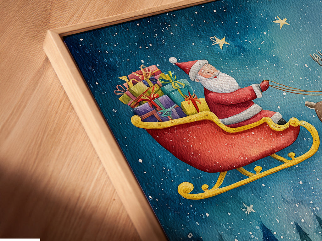 A close-up angled view of the Santa's Sleigh canvas print in a floating frame. The watercolor art is beautifully displayed. It's perfect for adding a festive touch to your home. This holiday wall art is stunning.