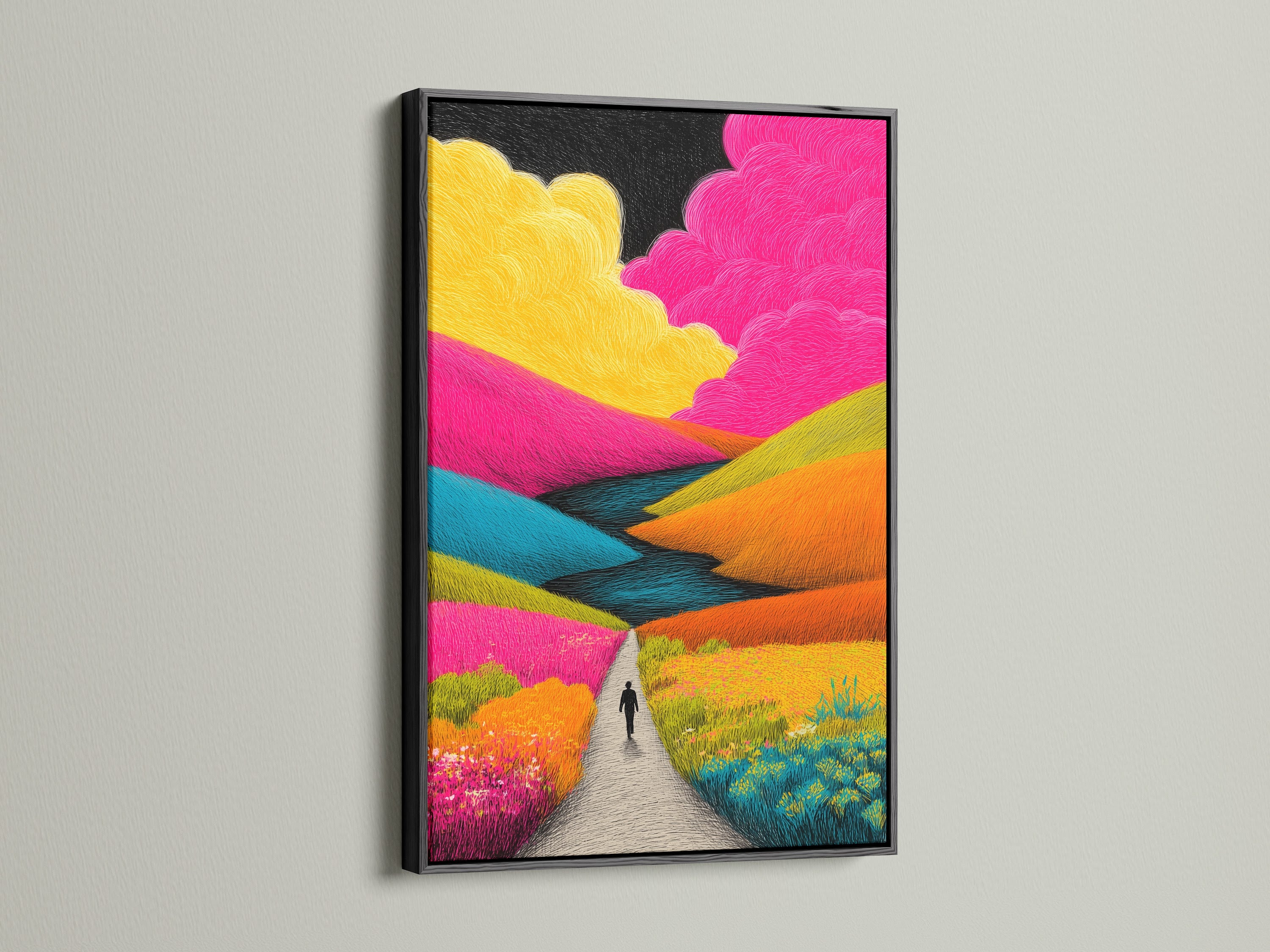 This artwork is displayed in a black frame. The black frame gives a modern touch. It is displayed on a wall in a home. A black frame adds sophistication and contrast. The artwork is displayed in a home interior.