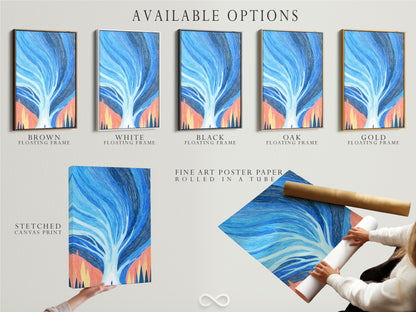 Available options for the Abstract Tree artwork. Choose from a stretched canvas print. Opt for fine art poster paper. Select a floating frame to complete the look. The blue and coral modern art is perfect for any wall decor.