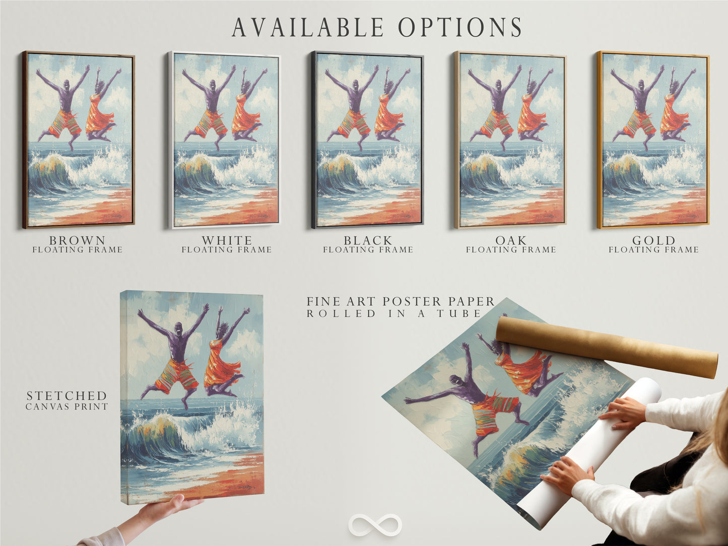 Available options for joyful seascape artwork. The artwork features a man and women jumping over a wave on the beach. Choose from stretched canvas prints fine art poster paper or floating frames. Get sea art prints now