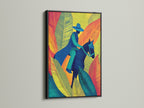 A black frame showcases this equestrian canvas print. The teal and orange tropical art is a modern statement piece. The horse rider print adds color. Perfect for office wall art.