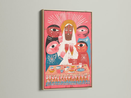 The Religious Family Art is showcased in an oak frame. The Modern Folk Wall Art adds color to any room. The Folk Canvas Art makes it a unique spiritual piece. Coral pink art is a contemporary folk.