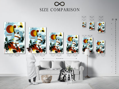Size comparison chart displayed in an interior setting. Visualize the perfect fit for your basketball astronaut art. Choose the ideal size for your game room dorm room or studio. Make an informed decision for your space.