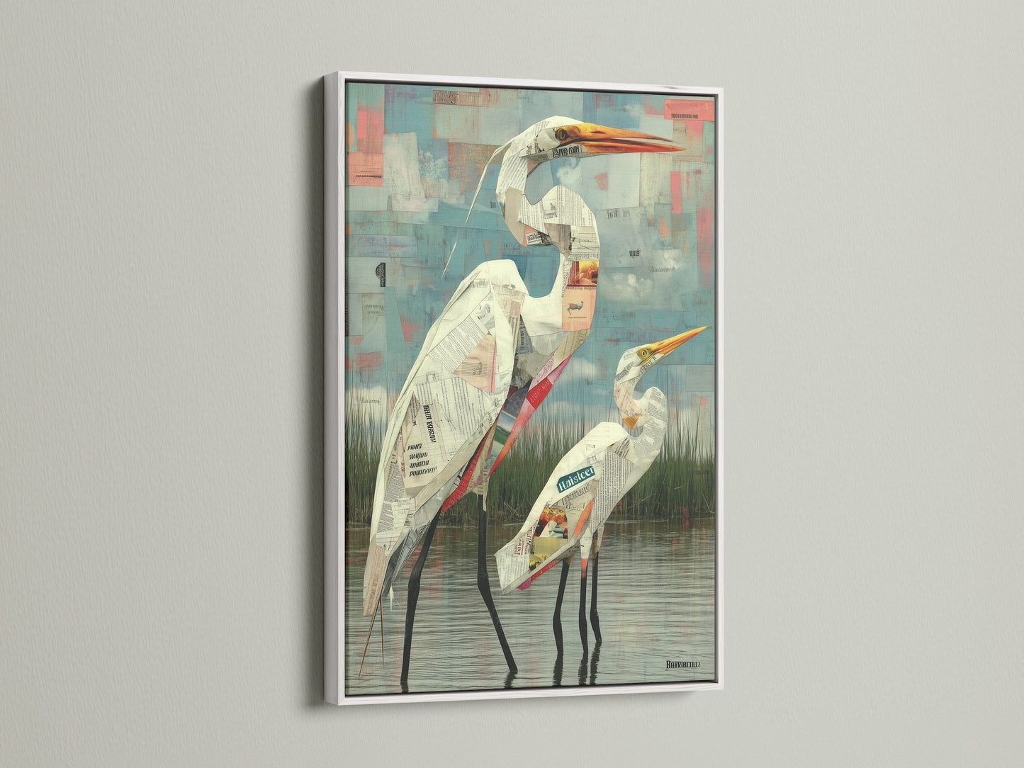 Heron art in a white frame creates a clean look. This bird canvas brightens your space. A modern print for any style home. Ideal blue wall art. The white frame offers a fresh feel.