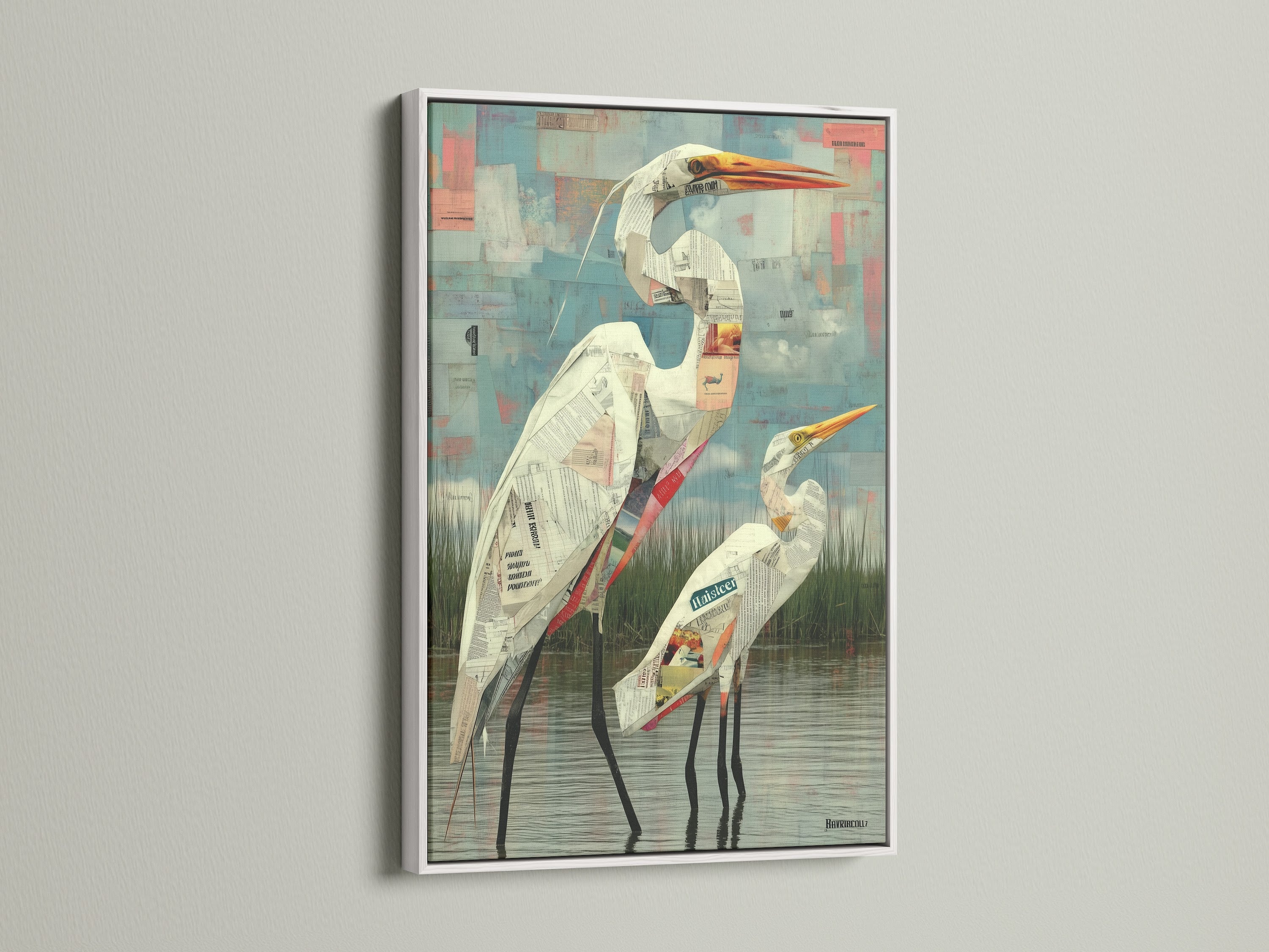 Heron art in a white frame creates a clean look. This bird canvas brightens your space. A modern print for any style home. Ideal blue wall art. The white frame offers a fresh feel.