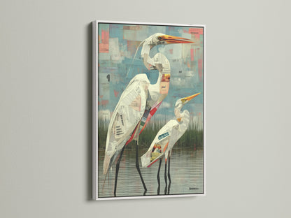 Heron art in a white frame creates a clean look. This bird canvas brightens your space. A modern print for any style home. Ideal blue wall art. The white frame offers a fresh feel.