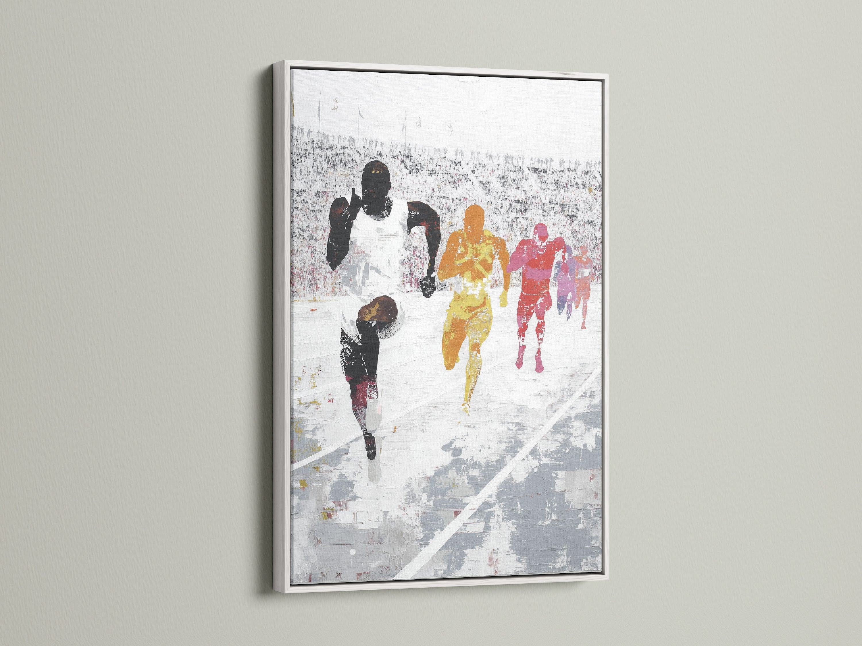Marathon Runners artwork with a white frame. This artwork is a colorful and dynamic piece for your home gym decor. The white frame provides a clean and modern look. It is ideal for living room wall art and bedroom wall decor.