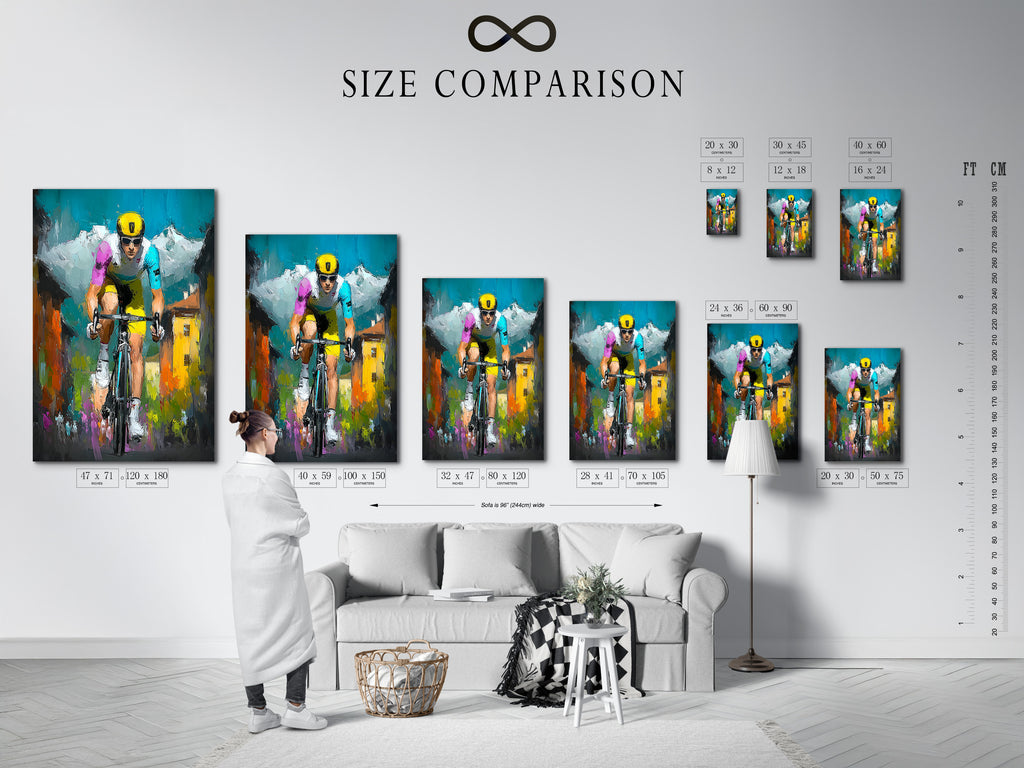 A size comparison chart displayed in an interior setting. It helps visualize different art print sizes. The chart showcases how various sizes fit within a room. This size comparison chart will help you make an informed purchase. Find the perfect size for your space.