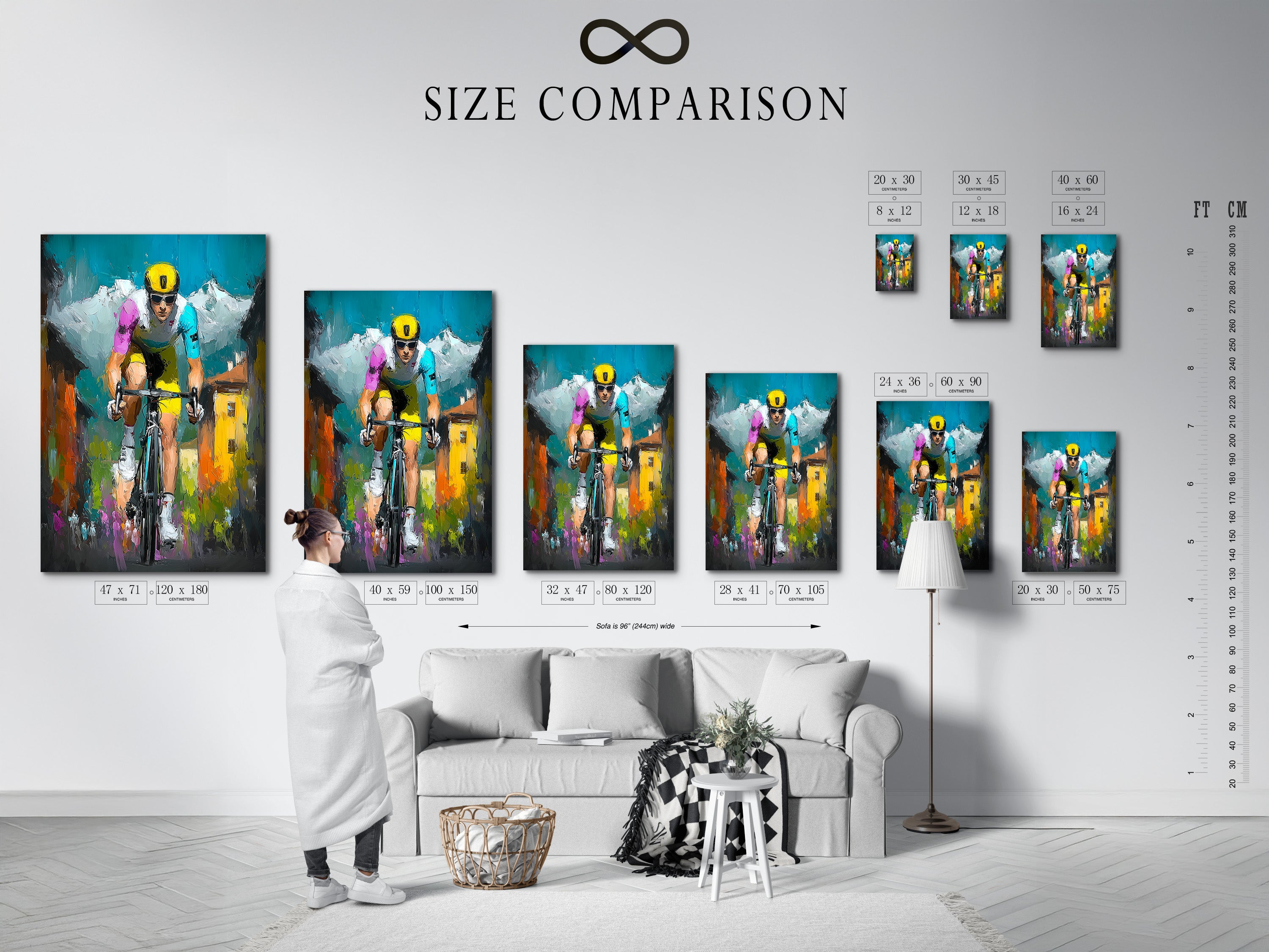 A size comparison chart displayed in an interior setting. It helps visualize different art print sizes. The chart showcases how various sizes fit within a room. This size comparison chart will help you make an informed purchase. Find the perfect size for your space.