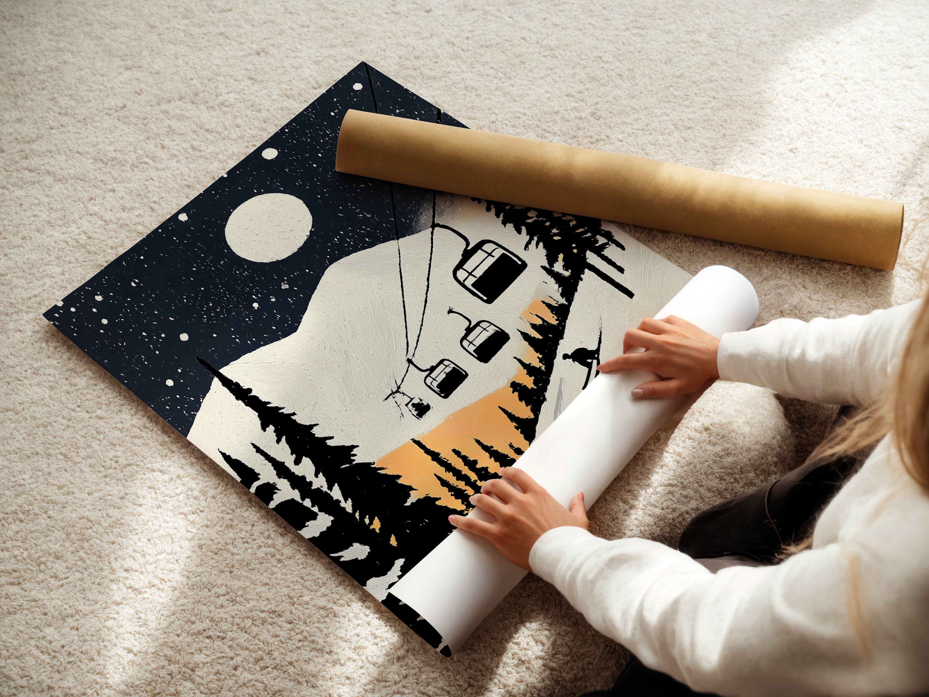 A woman expertly rolls a fine art poster paper. She is preparing it for your custom artwork. This ensures a flawless print every time. The paper is perfect for our Ski Resort Canvas Print. Featuring winter mountain art and a vintage ski lift poster for lodge decor.