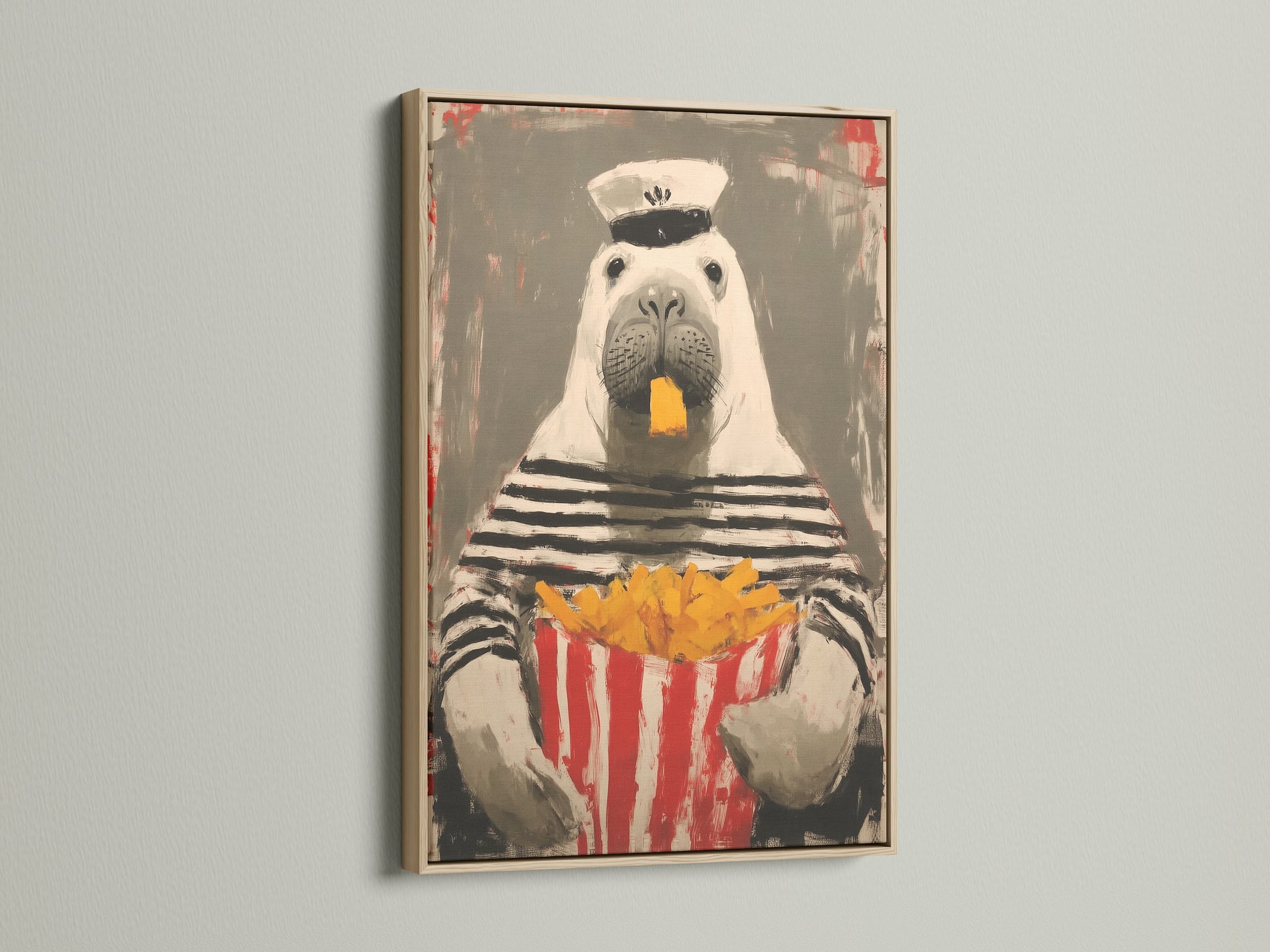 The sailor walrus artwork is showcased in an oak frame. The warm wood complements the whimsical art. This nautical wall decor brings a touch of humor to your home. It enhances kitchen and cafe settings.