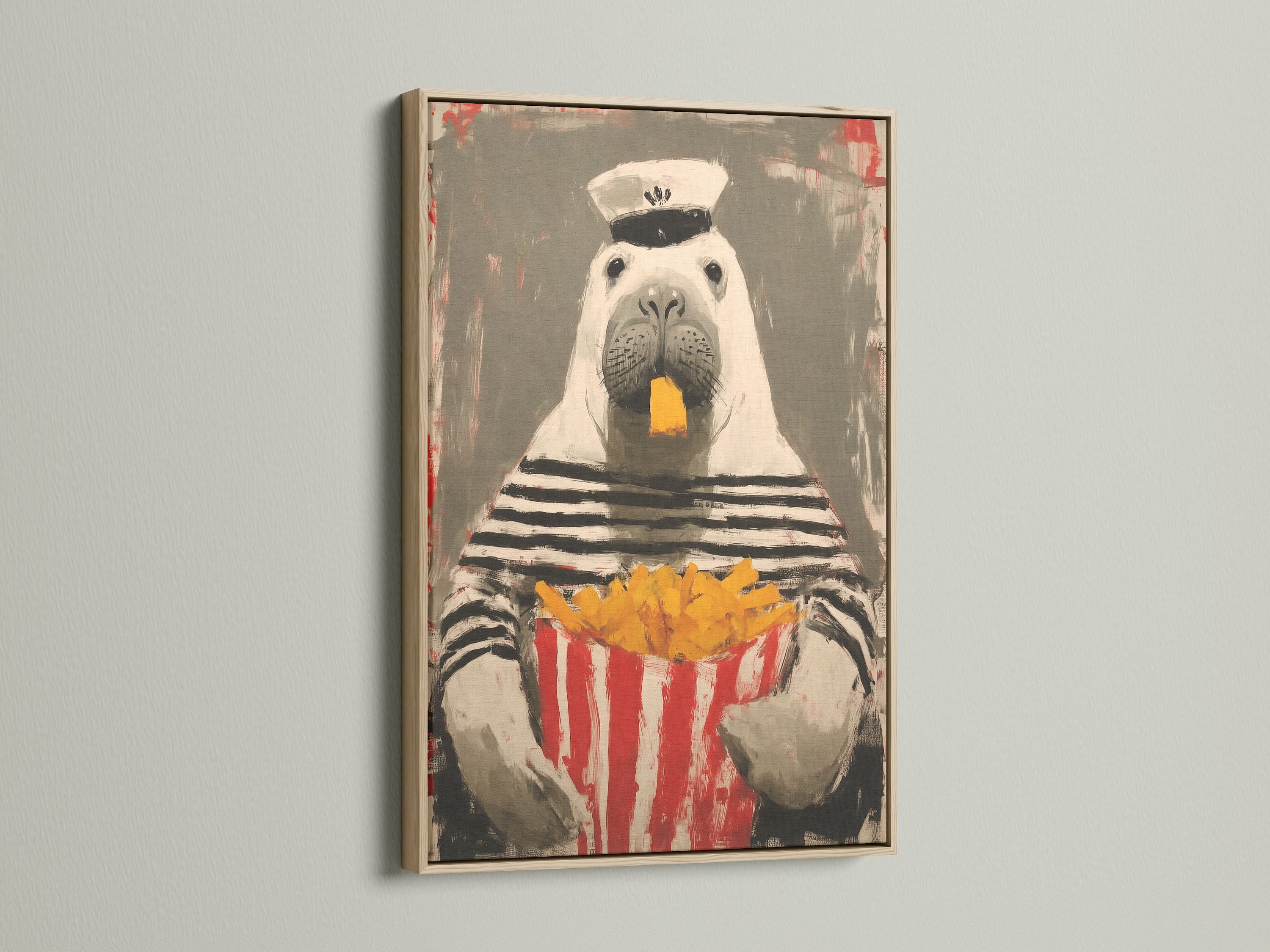 The sailor walrus artwork is showcased in an oak frame. The warm wood complements the whimsical art. This nautical wall decor brings a touch of humor to your home. It enhances kitchen and cafe settings.