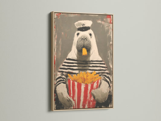 The sailor walrus artwork is showcased in an oak frame. The warm wood complements the whimsical art. This nautical wall decor brings a touch of humor to your home. It enhances kitchen and cafe settings.