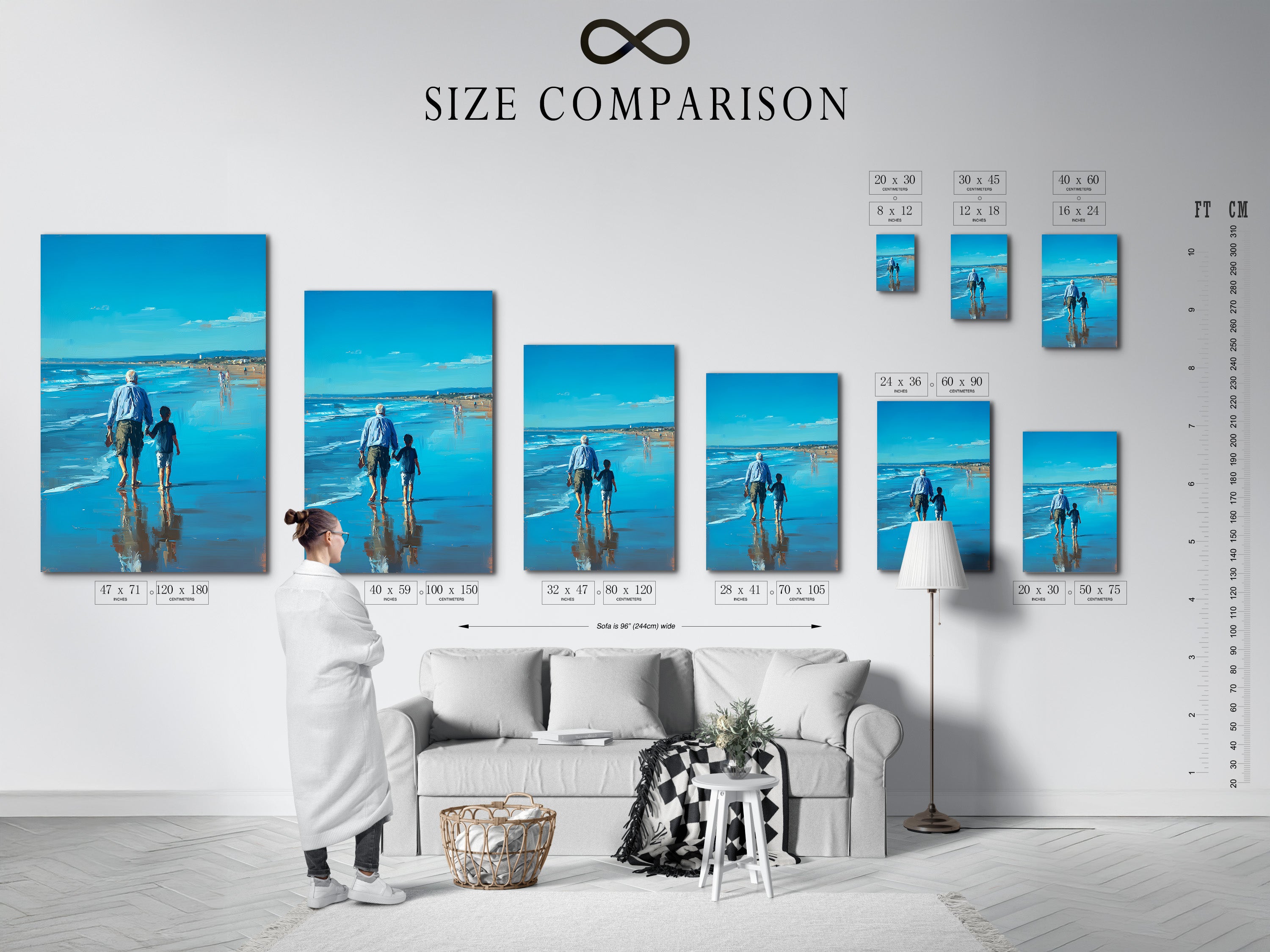 This image shows a size comparison chart in an interior setting. The chart helps visualize different artwork sizes in a room. This allows customers to choose the perfect size for their space. The chart provides a practical guide. It ensures the artwork fits seamlessly into any decor.