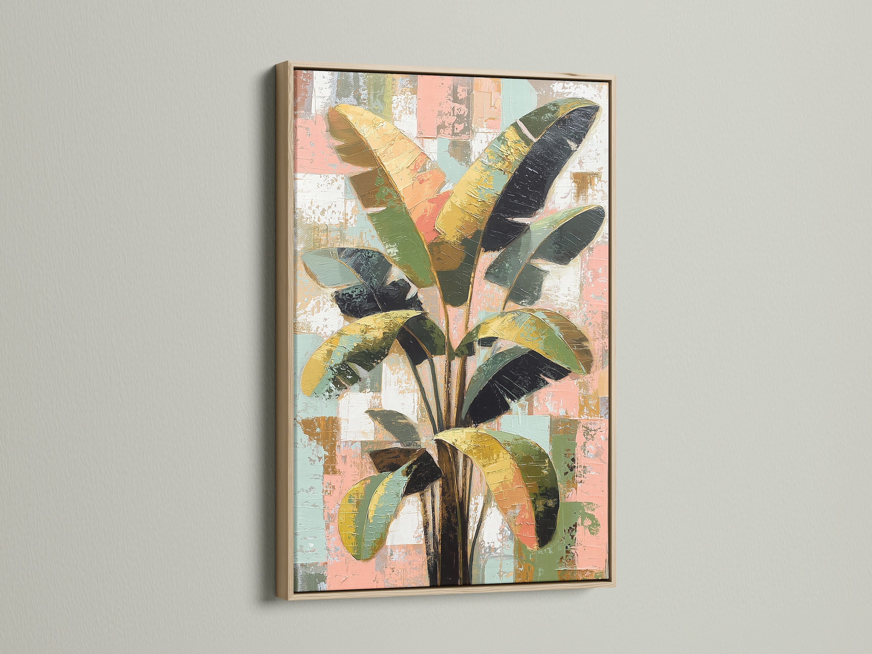 Tropical plant artwork in an oak frame. This botanical canvas print brings nature indoors. The abstract palm leaf artwork enhances bedroom decor. Green and pink tones add a pop of color.