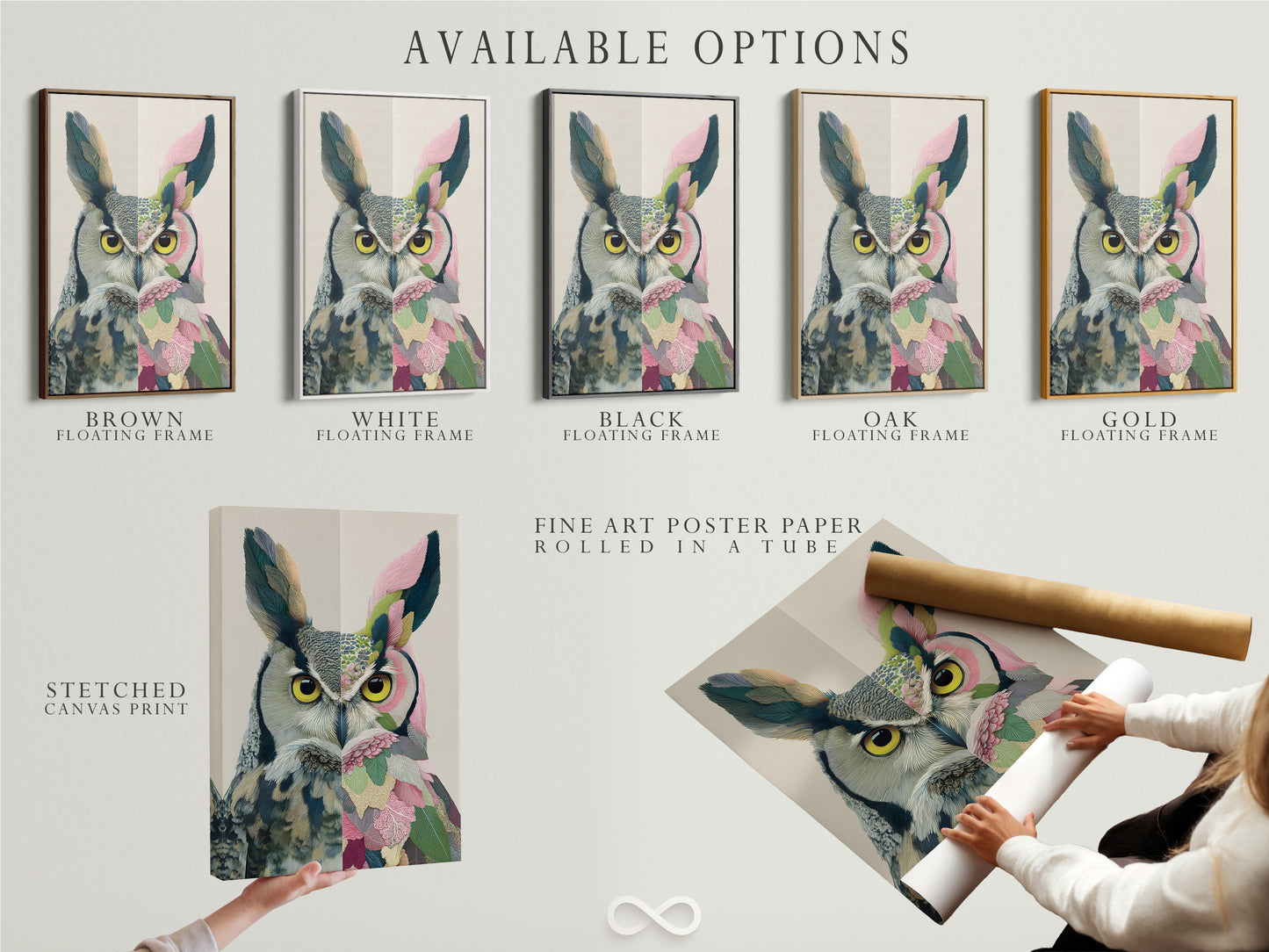 Available options for the colorful owl artwork are displayed. Choose from a stretched canvas print fine art poster paper or a floating frame. Find the perfect option for your style and space. 