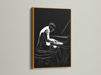 Behold the splendor of this piano player artwork in a gold frame. The jazz musician canvas wall art adds a luxurious touch. Elevate your home with this black and white music wall decor. Perfect for music lovers and art enthusiasts.