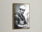The construction worker portrait is elegantly displayed in a gold frame. This industrial portrait on canvas adds sophistication to any room. The realistic worker art is ideal for office or home decor. A great blue-collar art piece for enthusiasts.