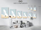 A size comparison chart is displayed in an interior setting. See how the Desert Dream artwork fits in your space. Choose the perfect size for your wall art. Visualize the artwork in your living room. Plan your decor with ease.