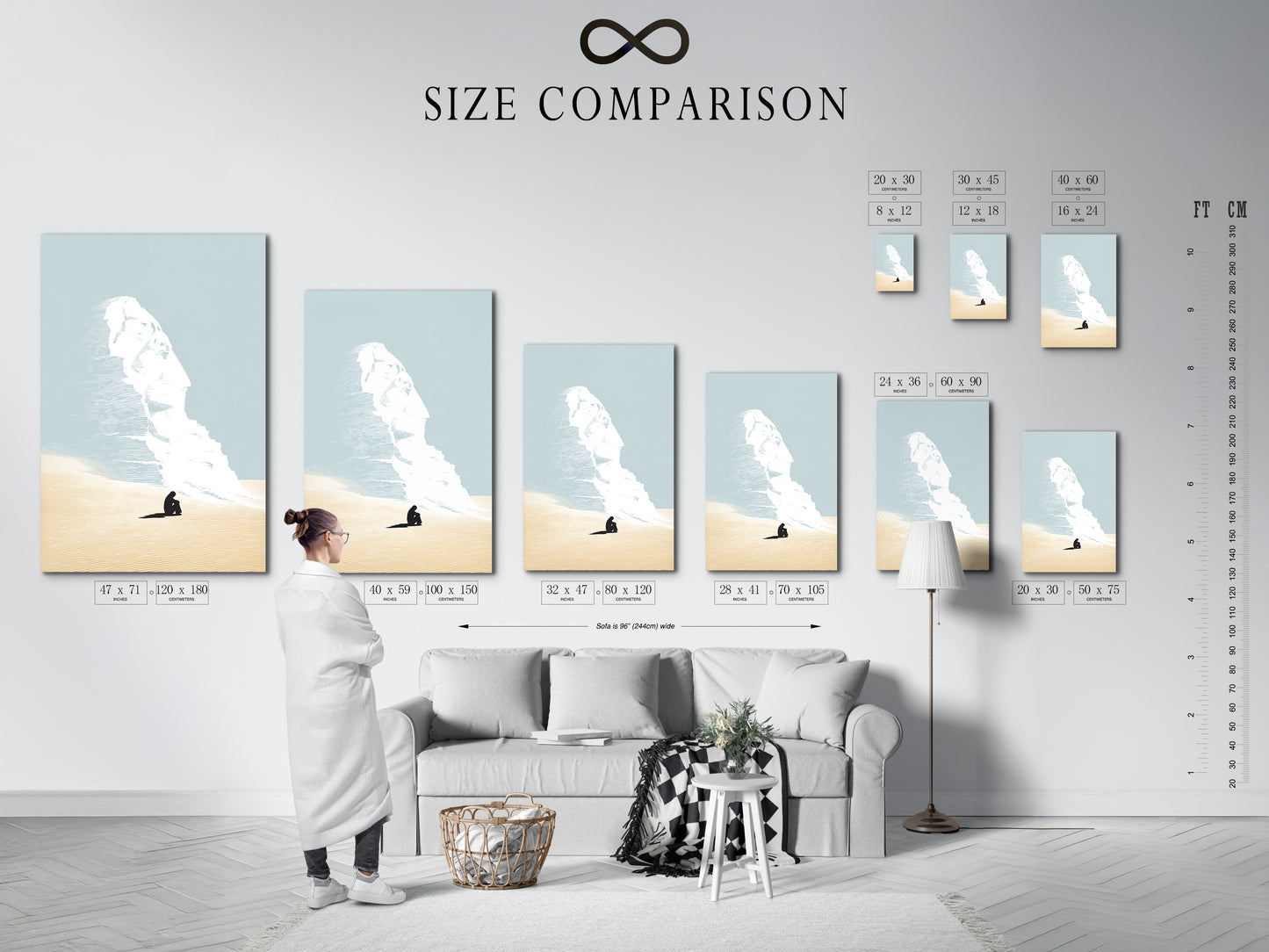 A size comparison chart is displayed in an interior setting. See how the Desert Dream artwork fits in your space. Choose the perfect size for your wall art. Visualize the artwork in your living room. Plan your decor with ease.