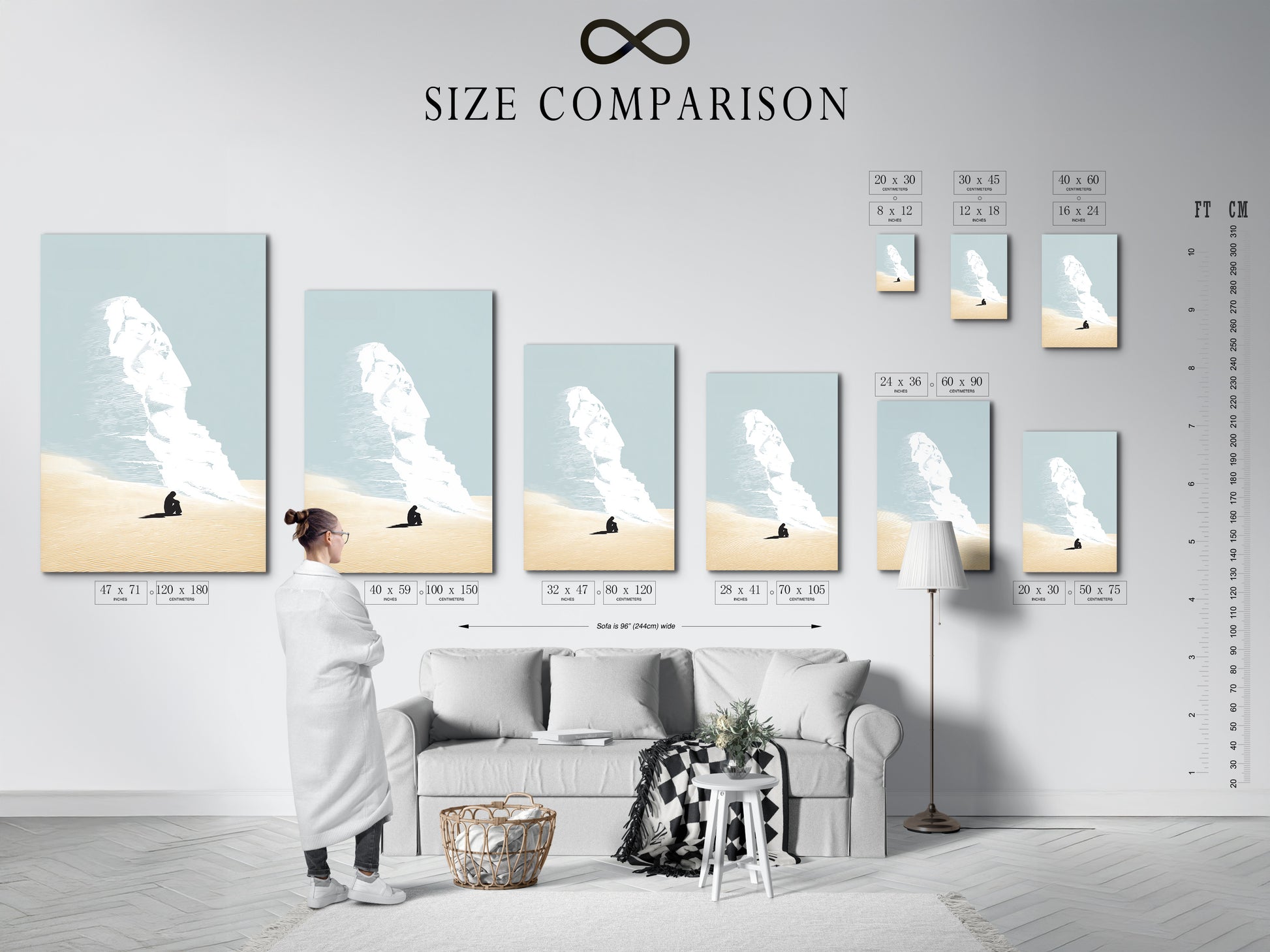 A size comparison chart is displayed in an interior setting. See how the Desert Dream artwork fits in your space. Choose the perfect size for your wall art. Visualize the artwork in your living room. Plan your decor with ease.