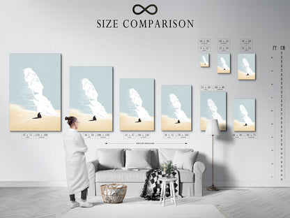 A size comparison chart is displayed in an interior setting. See how the Desert Dream artwork fits in your space. Choose the perfect size for your wall art. Visualize the artwork in your living room. Plan your decor with ease.