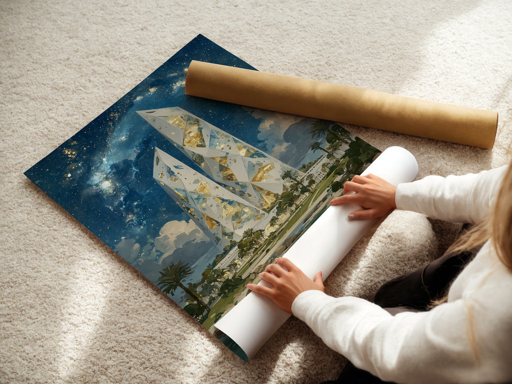 A woman rolls a fine art poster paper. The Crystal Tower art is carefully handled. This poster paper is a great option for affordable artwork. Perfect for adding a modern touch to any room.