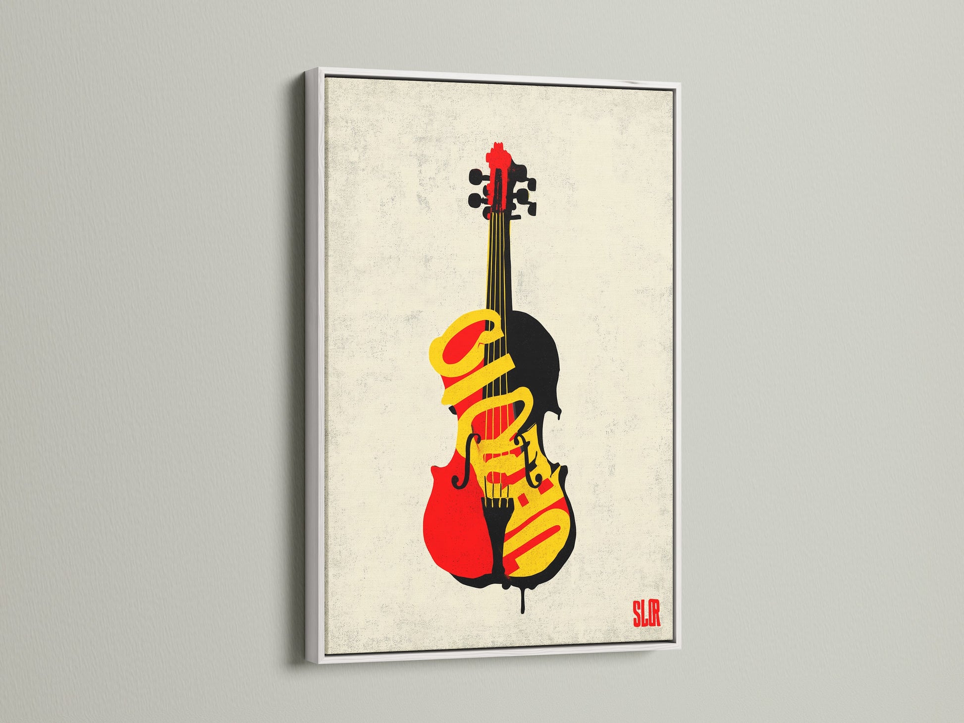 View modern music artwork in a clean white frame. The violin graffiti canvas print stands out beautifully. A white frame offers a fresh contemporary look. Enhance your studio or home decor today.