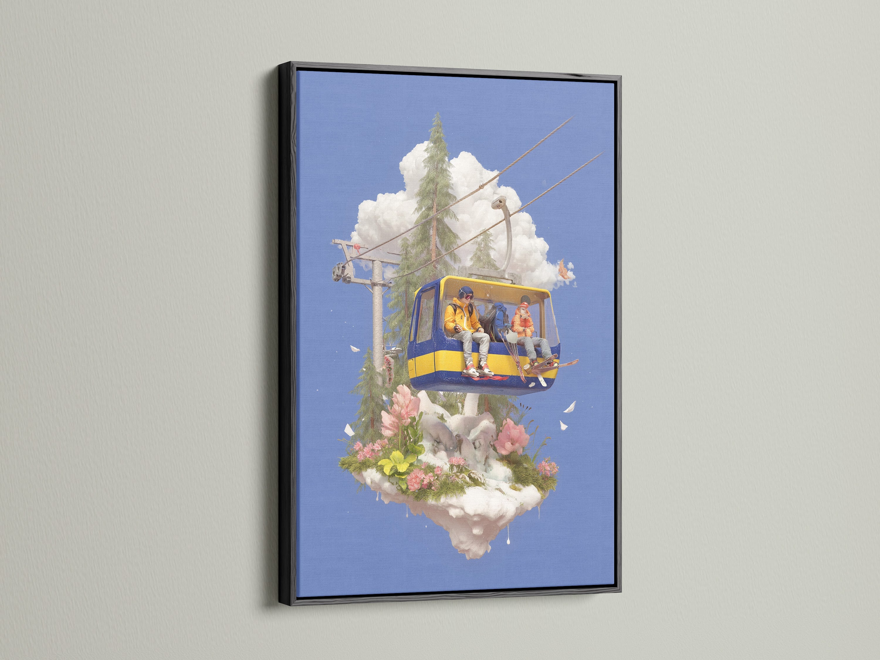 The Ski Lift Adventure artwork is displayed in a black frame. This artwork is ideal for homeowners renters and interior designers. It fits lodge kids or travel-themed styles. This piece is perfect for Living Room Wall Art Bedroom Wall Decor or Kids Room Art